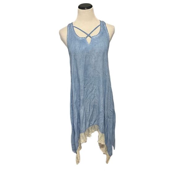 Umgee Blue Chambray Sundress With Handkerchief Hem Sz L - Picture 1 of 5